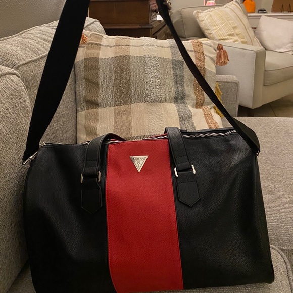 Guess Bags New Guess Leather Duffle Bag Black Red Poshmark